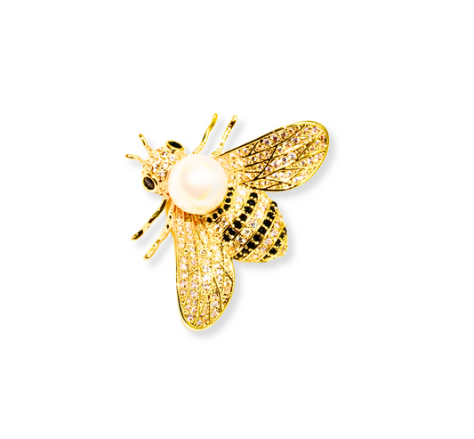 BR899559A-Gold-Plated Bee Brooch with Pearl and Crystal Accents